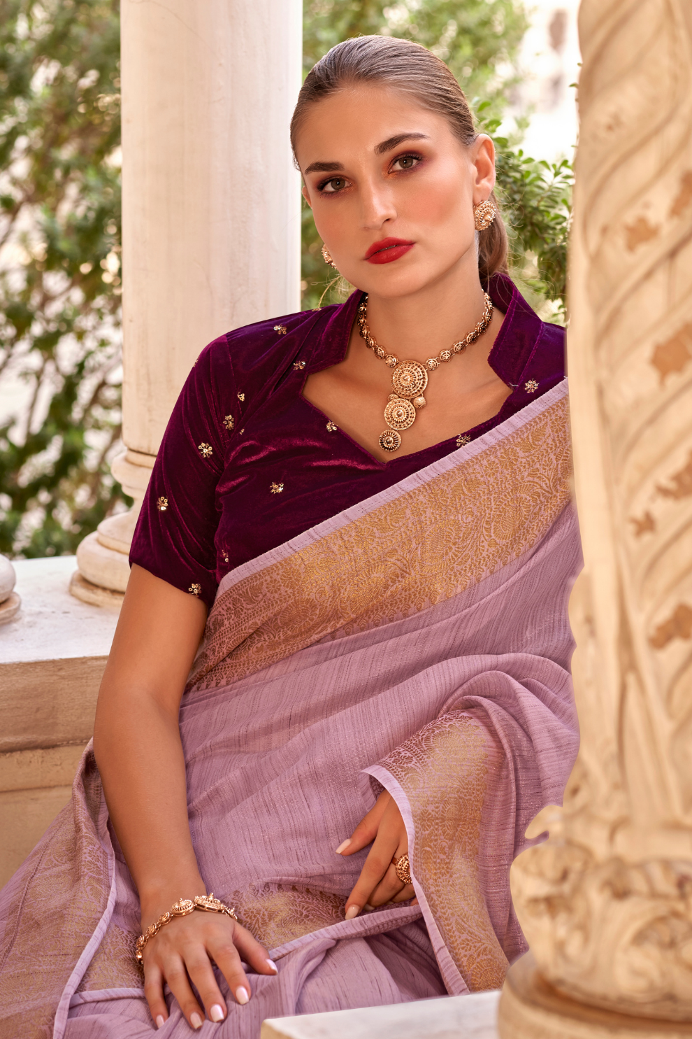 Elegant Tissue Linen Drape with Rich Velvet Contrast Blouse - LaVante Fashion