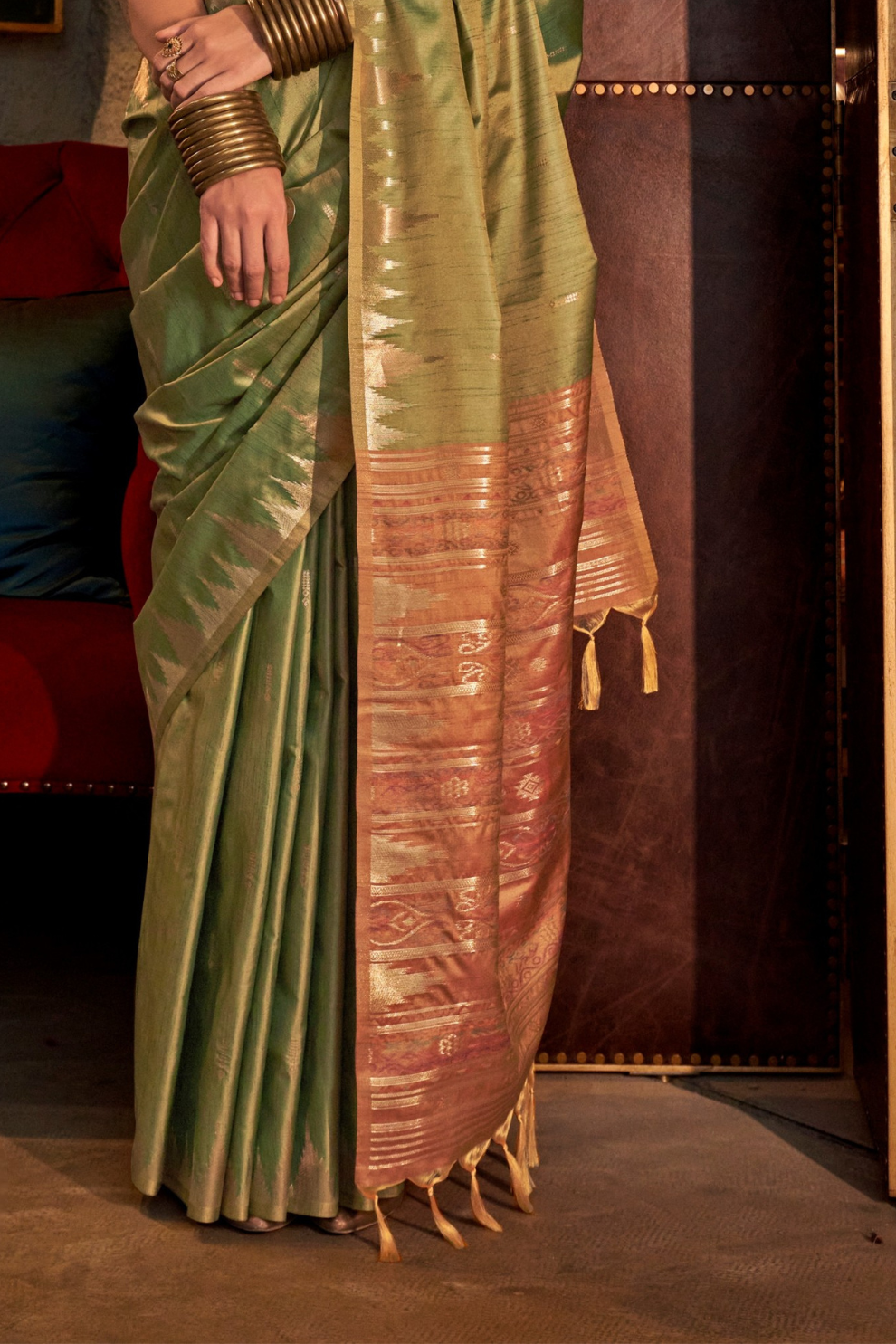 Tussar Silk Saree with Ikkat Pallu and Contrast Blouse