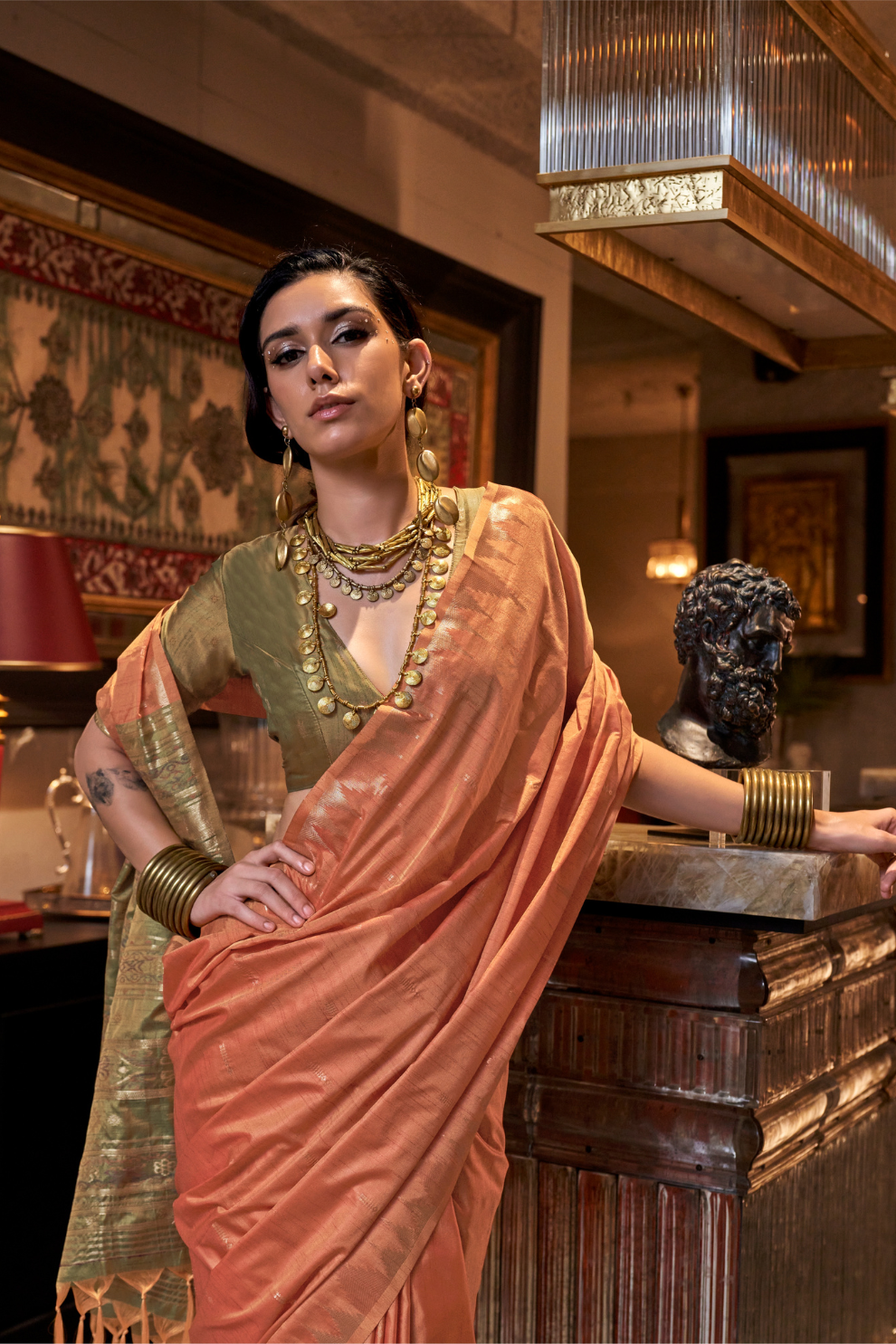 Tussar Silk Saree with Ikkat Pallu and Contrast Blouse