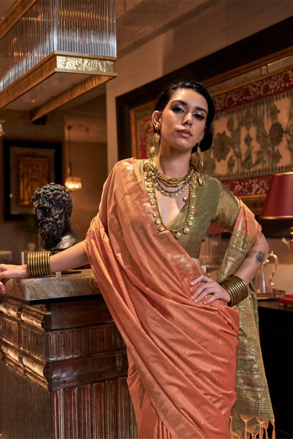 Tussar Silk Saree with Ikkat Pallu and Contrast Blouse
