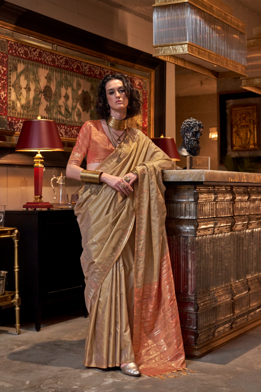 Tussar Silk Saree with Ikkat Pallu and Contrast Blouse