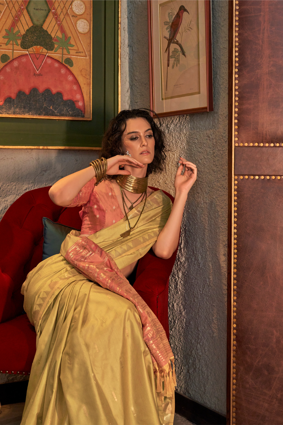 Tussar Silk Saree with Ikkat Pallu and Contrast Blouse