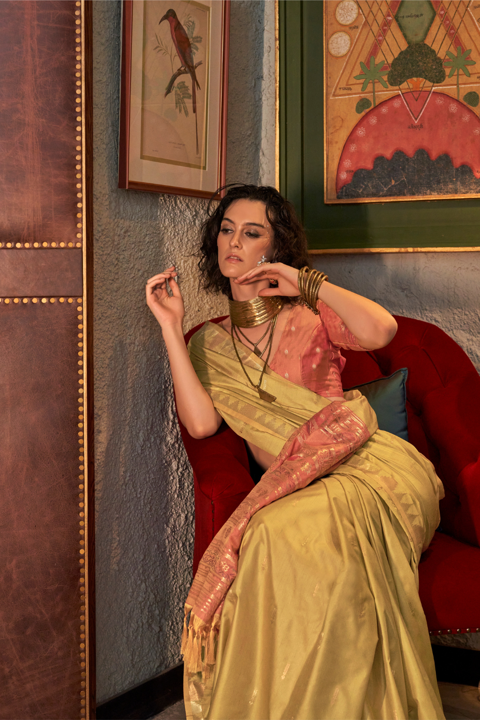 Tussar Silk Saree with Ikkat Pallu and Contrast Blouse