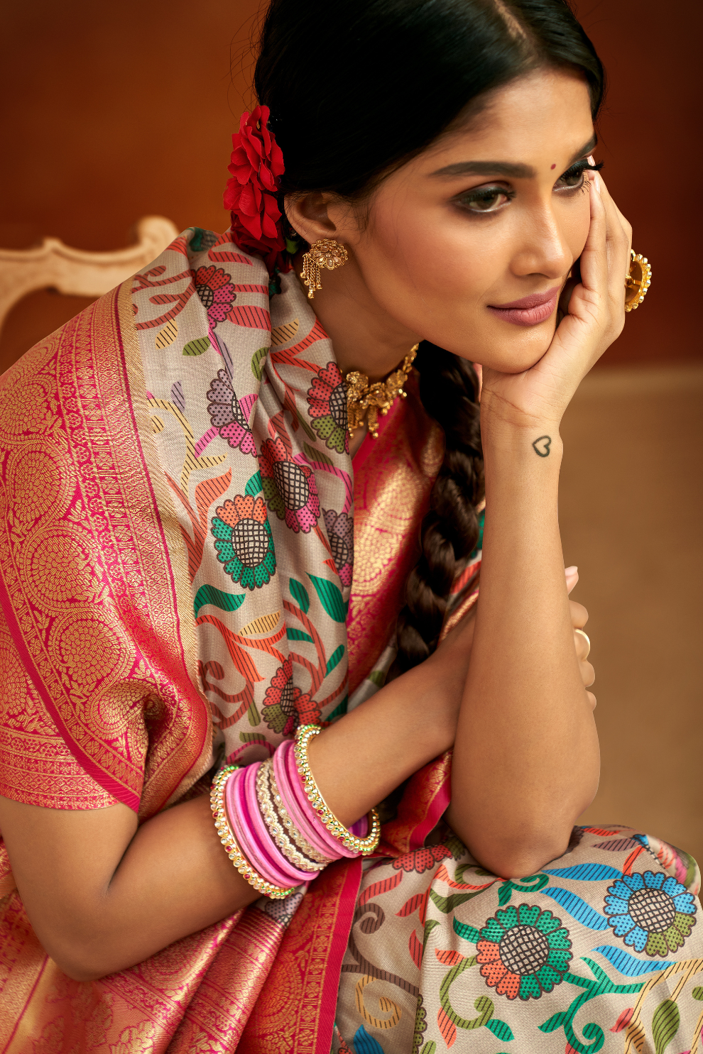Tusser Silk Saree with Kalamkari Print & Banarasi Zari Border