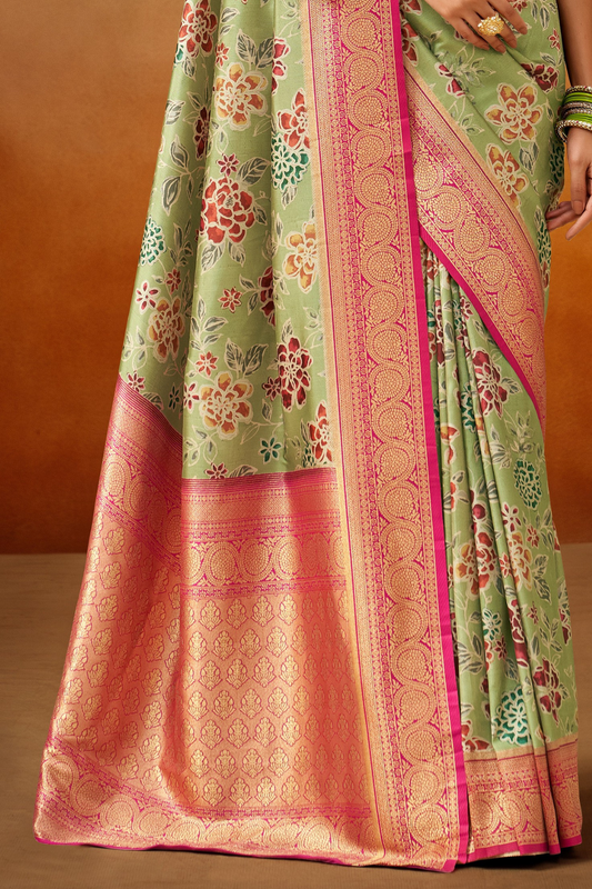 Tusser Silk Saree with Kalamkari Print & Banarasi Zari Border