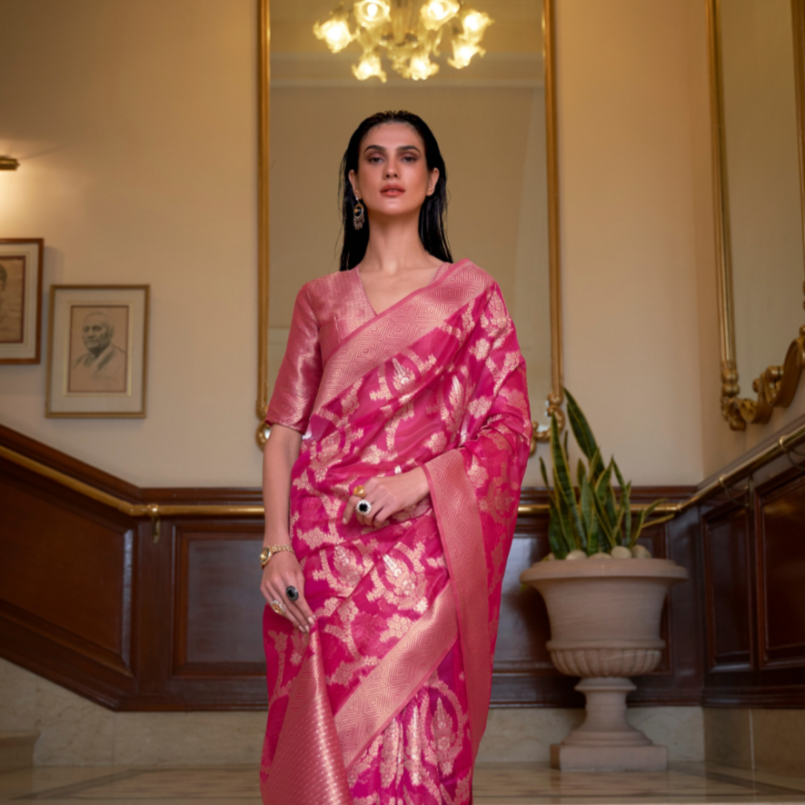 Organza Handloom Saree with Intricate Zari Weaving