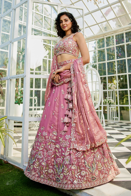 Tissue Fabric Bridal Lehenga with Elegant Embroidery