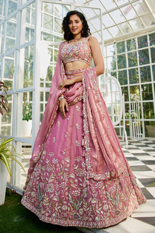 Tissue Fabric Bridal Lehenga with Elegant Embroidery