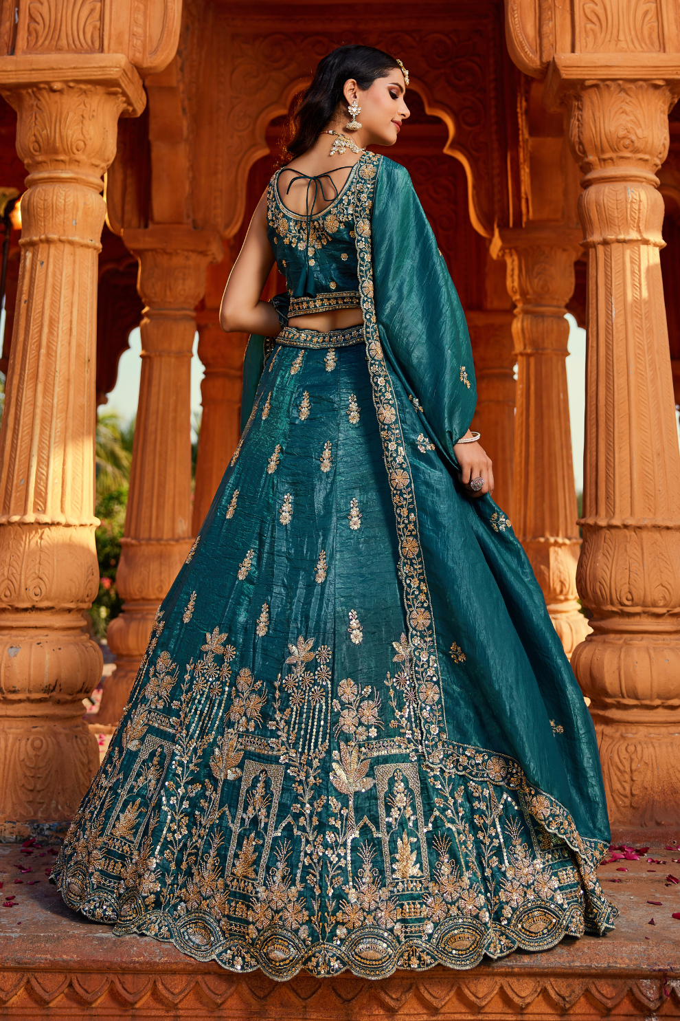 Tissue Fabric Semi-Stitched Lehenga Choli with Handwork Cutdana Embroidery and Dupatta