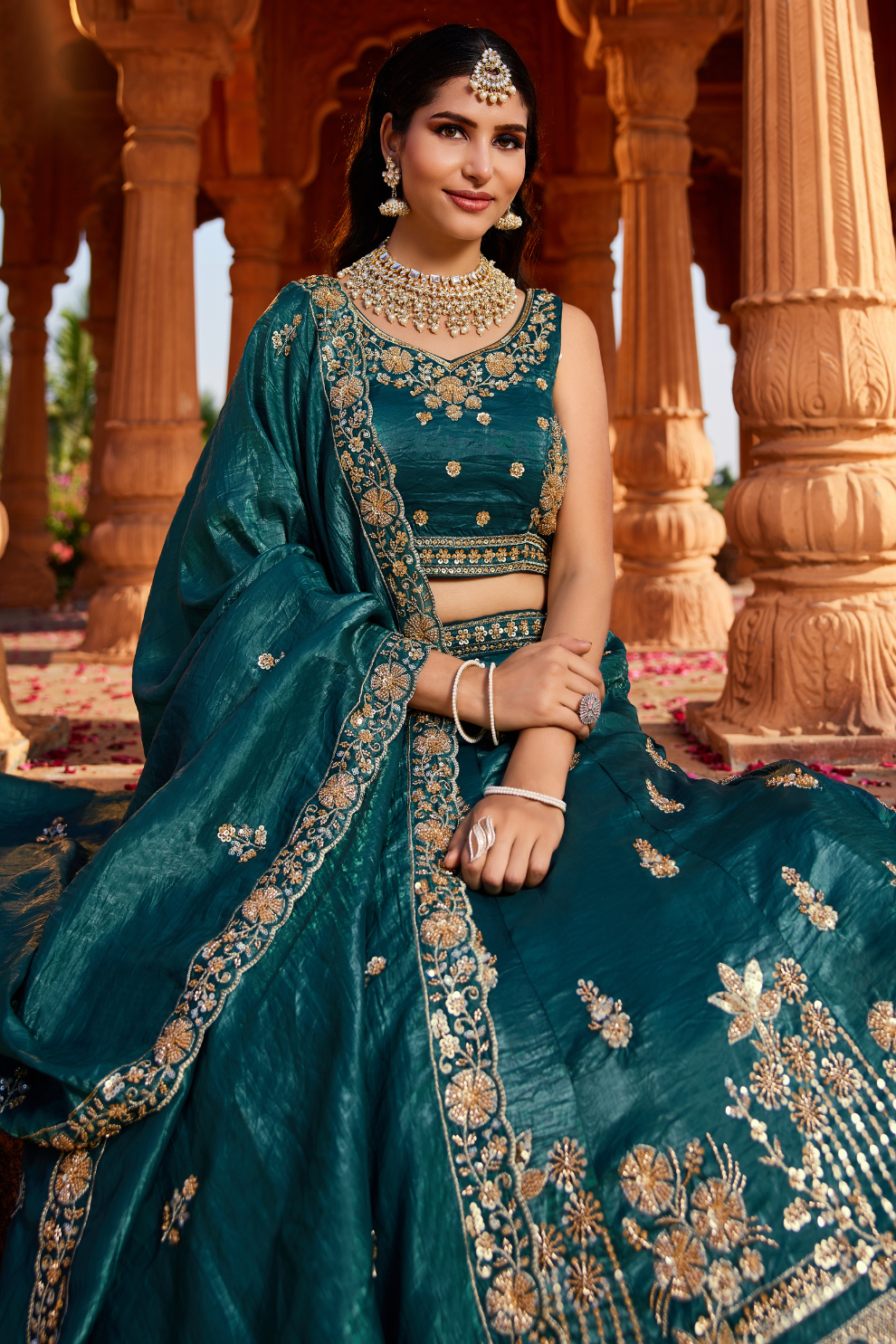 Tissue Fabric Semi-Stitched Lehenga Choli with Handwork Cutdana Embroidery and Dupatta