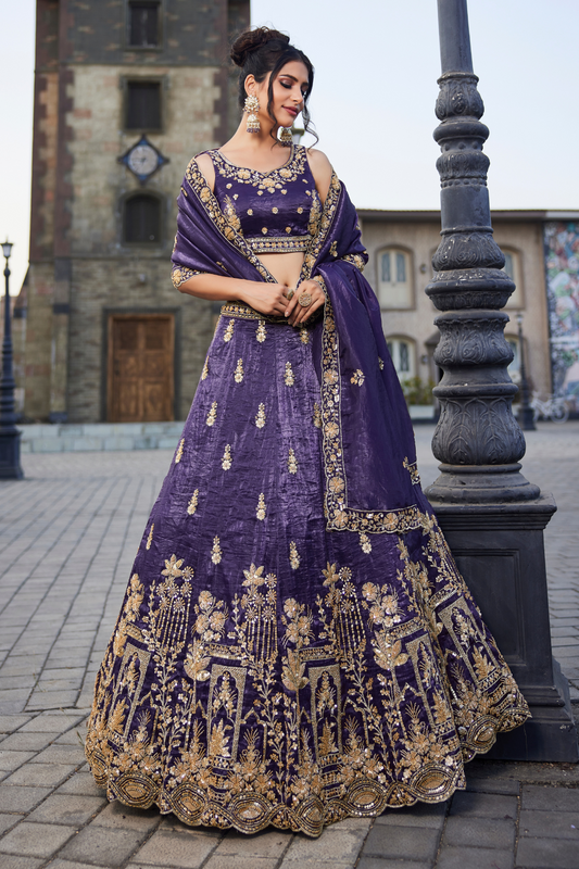 Tissue Fabric Semi-Stitched Lehenga Choli with Handwork Cutdana Embroidery and Dupatta