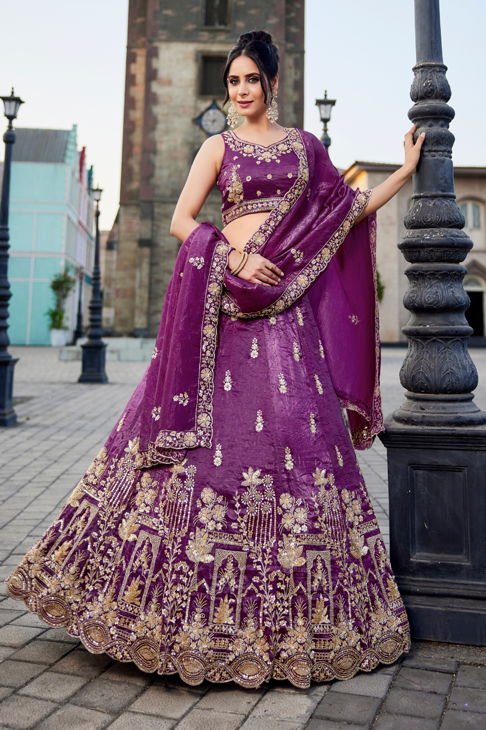 Tissue Fabric Semi-Stitched Lehenga Choli with Handwork Cutdana Embroidery and Dupatta