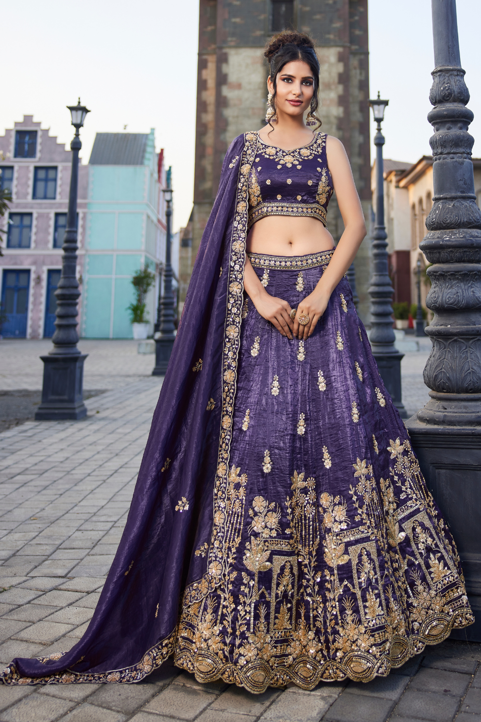 Tissue Fabric Semi-Stitched Lehenga Choli with Handwork Cutdana Embroidery and Dupatta