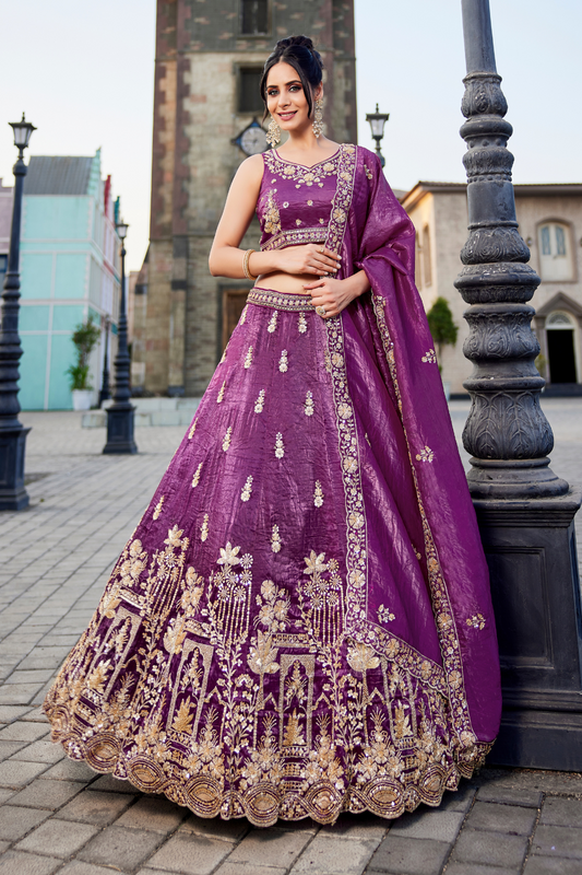 Tissue Fabric Semi-Stitched Lehenga Choli with Handwork Cutdana Embroidery and Dupatta