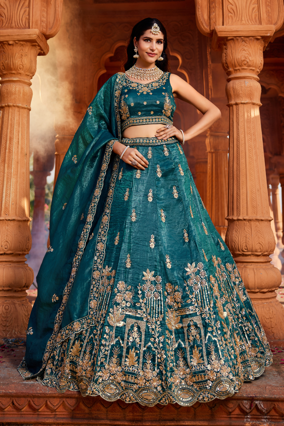 Tissue Fabric Semi-Stitched Lehenga Choli with Handwork Cutdana Embroidery and Dupatta