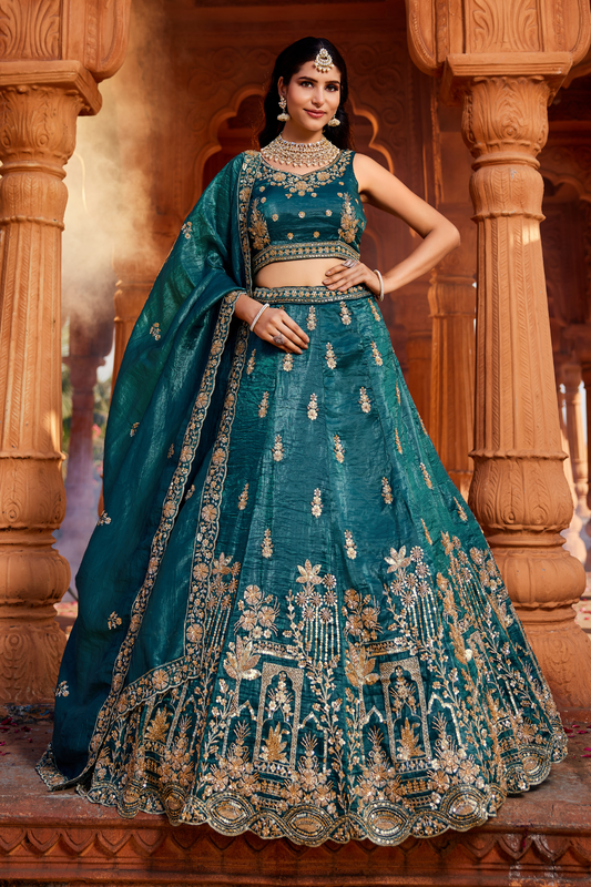 Tissue Fabric Semi-Stitched Lehenga Choli with Handwork Cutdana Embroidery and Dupatta