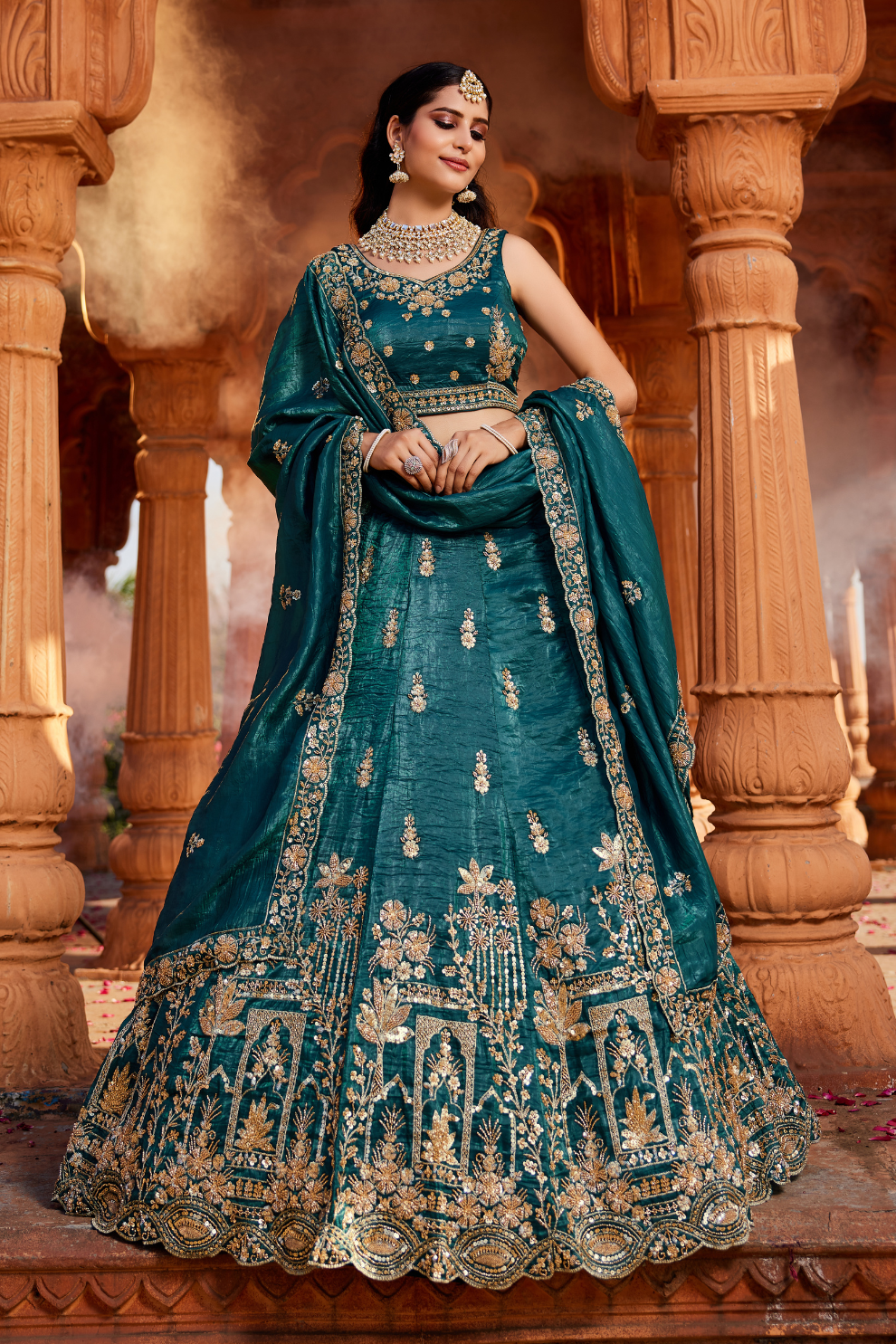 Tissue Fabric Semi-Stitched Lehenga Choli with Handwork Cutdana Embroidery and Dupatta