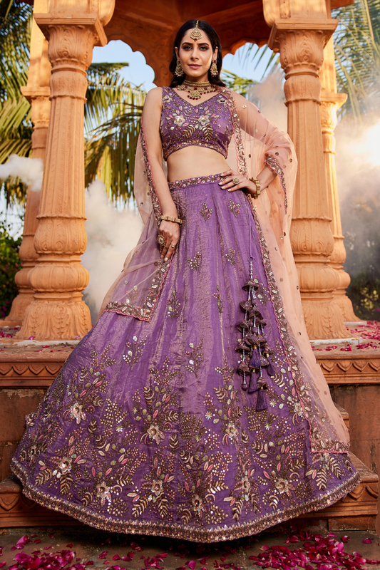 Elegant Tissue Sequin Embroidered Semi-Stitched Lehenga Choli with Dupatta