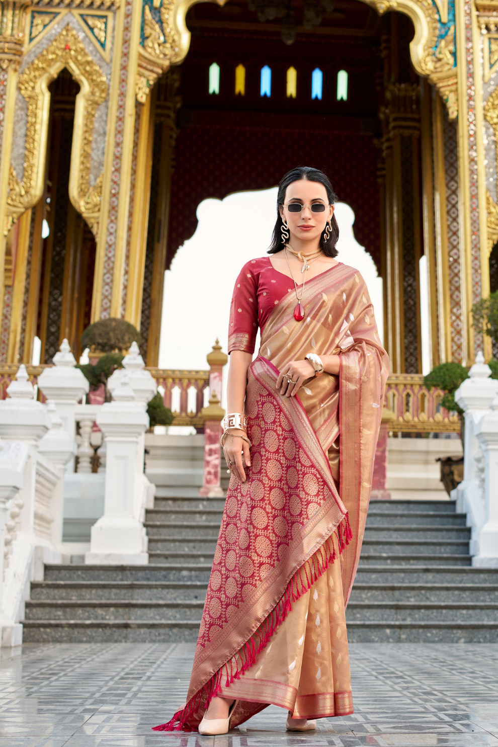 Tissue Silk Saree with Zari Booti and Elegant Sheen - LaVante Fashion