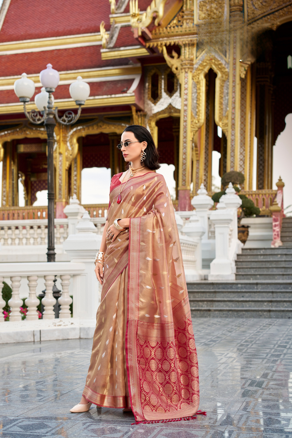 Tissue Silk Saree with Zari Booti and Elegant Sheen - LaVante Fashion