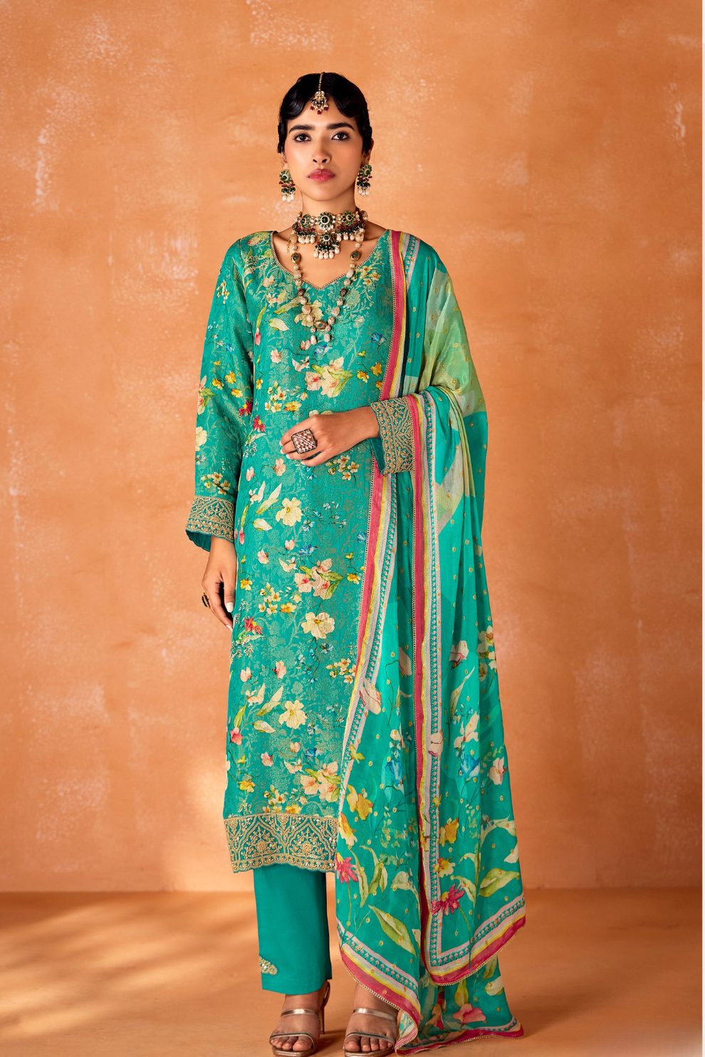 Pure Kanjivaram Salwar Suit with Digital Embroidered Borders