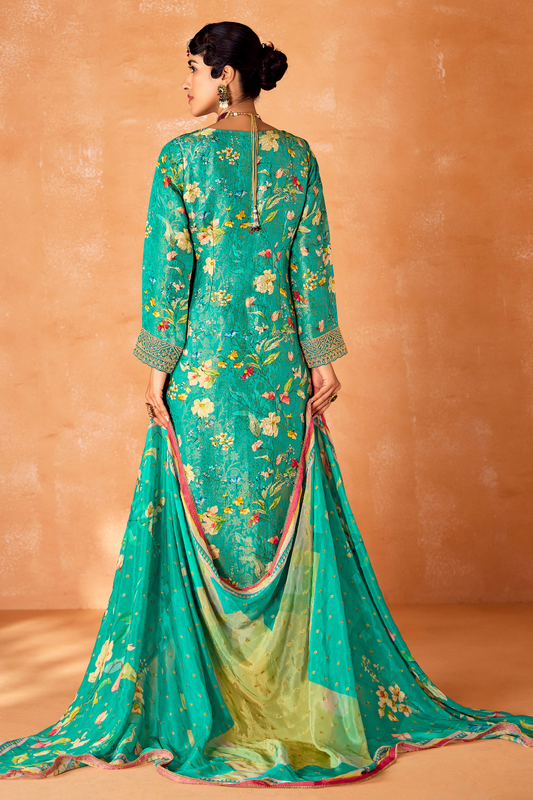 Pure Kanjivaram Salwar Suit with Digital Embroidered Borders