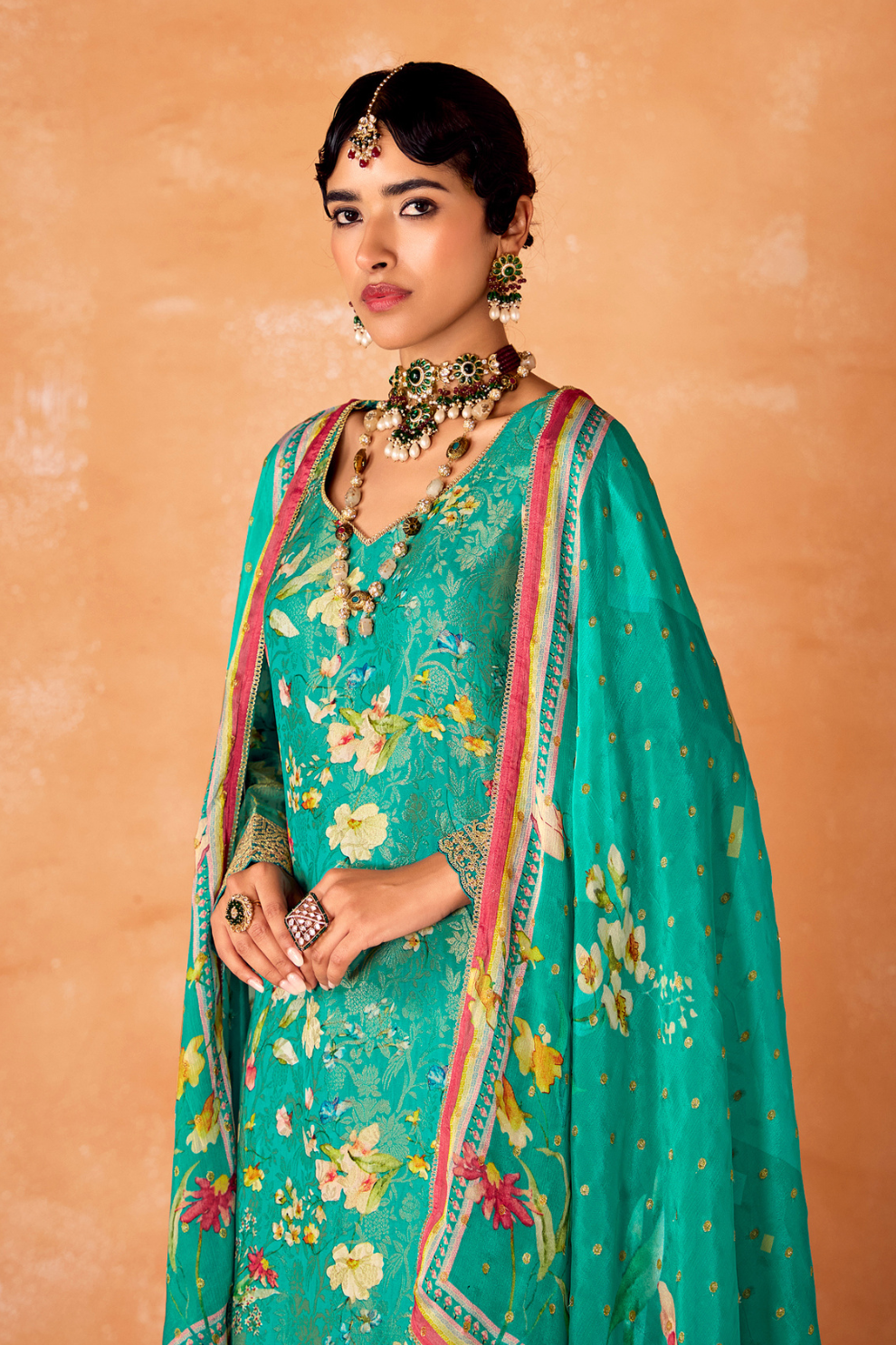 Pure Kanjivaram Salwar Suit with Digital Embroidered Borders