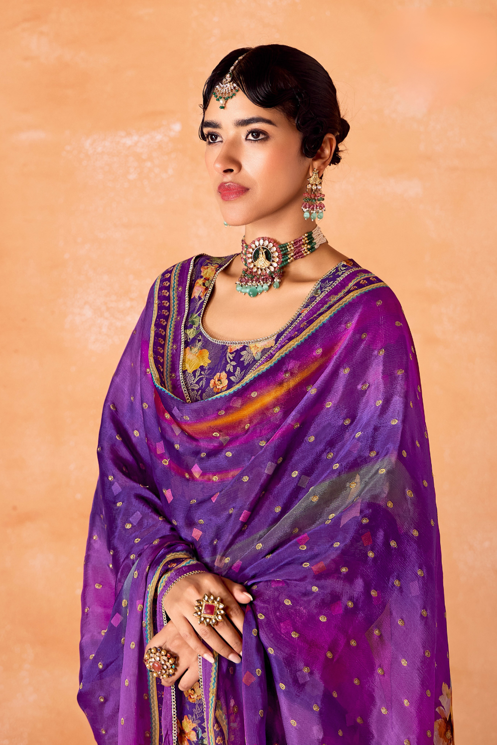 Pure Kanjivaram Salwar Suit with Digital Embroidered Borders