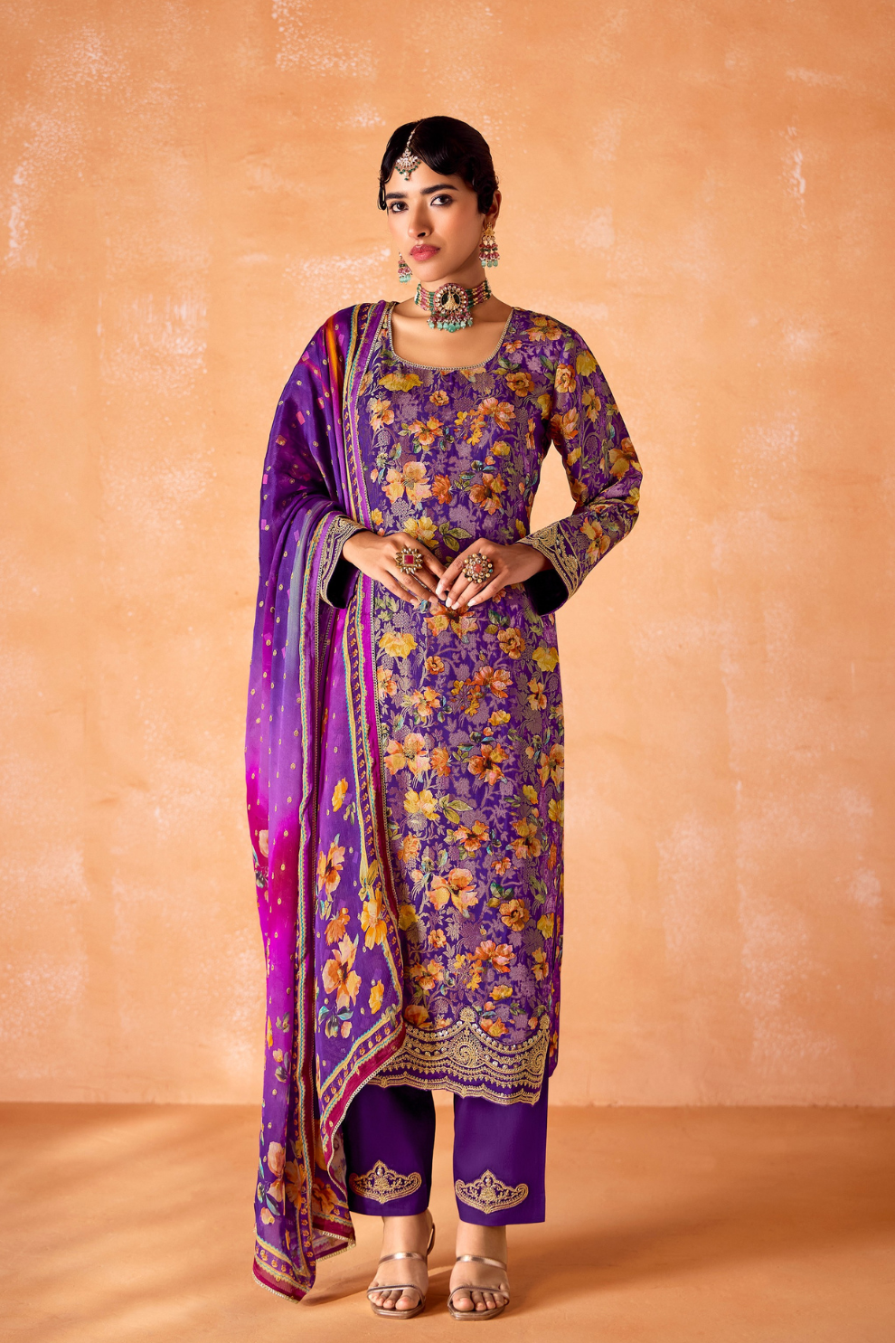 Pure Kanjivaram Salwar Suit with Digital Embroidered Borders