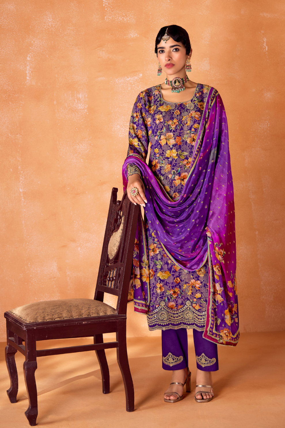 Pure Kanjivaram Salwar Suit with Digital Embroidered Borders