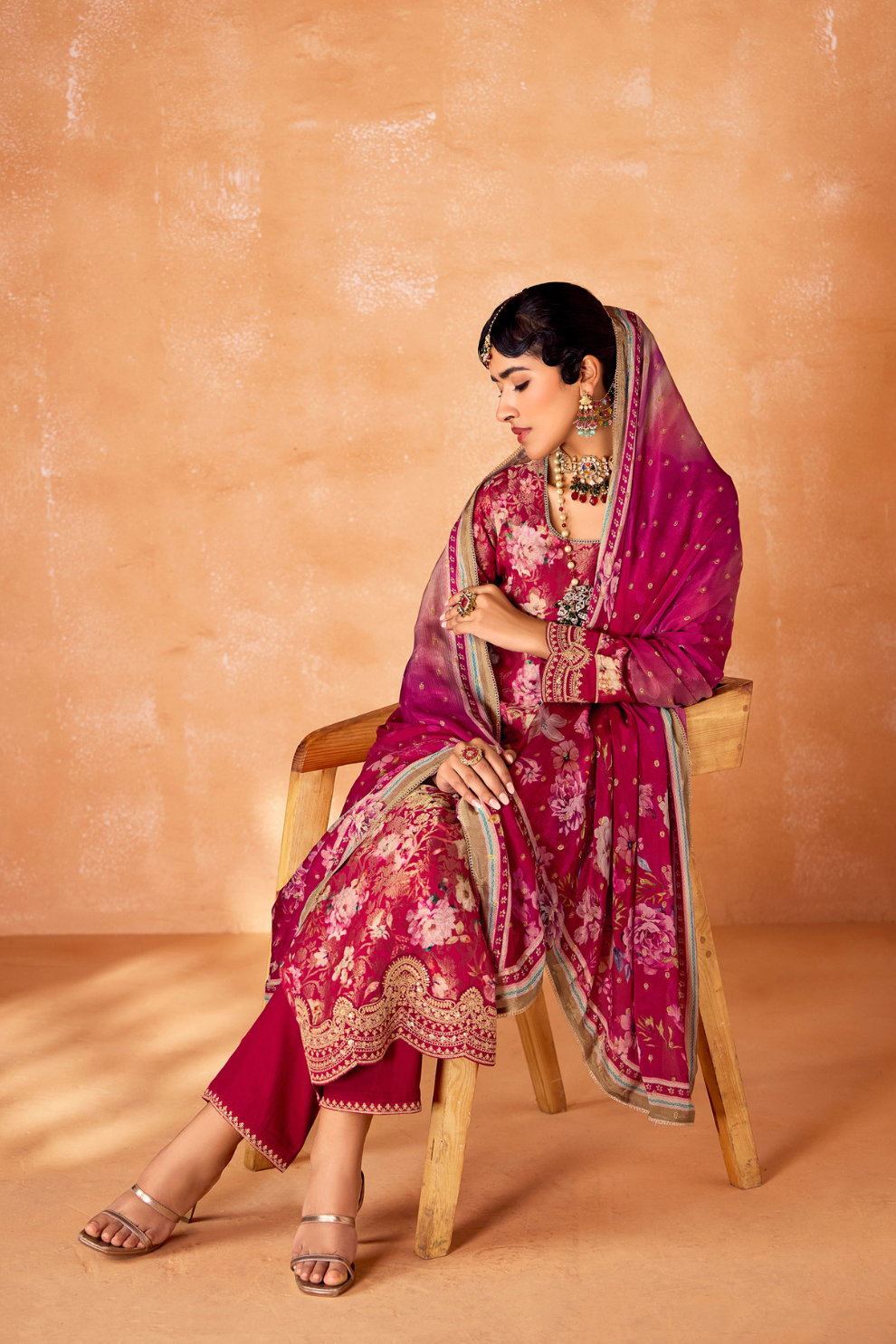 Pure Kanjivaram Salwar Suit with Digital Embroidered Borders