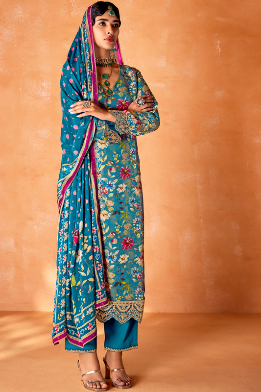 Pure Kanjivaram Salwar Suit with Digital Embroidered Borders