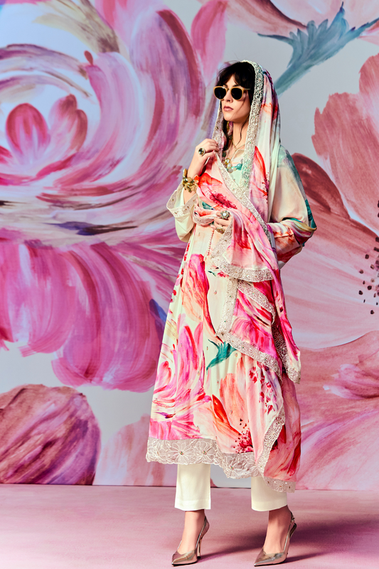 Pure Muslin Embroidered Salwar Suit with Pearl Cutwork Finish