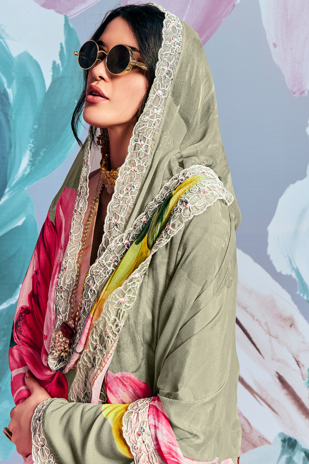 Pure Muslin Embroidered Salwar Suit with Pearl Cutwork Finish