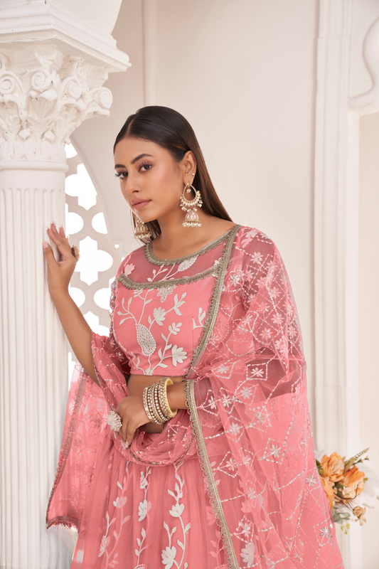 Designer Net Lehenga Set with Thread and Sequin Embroidery