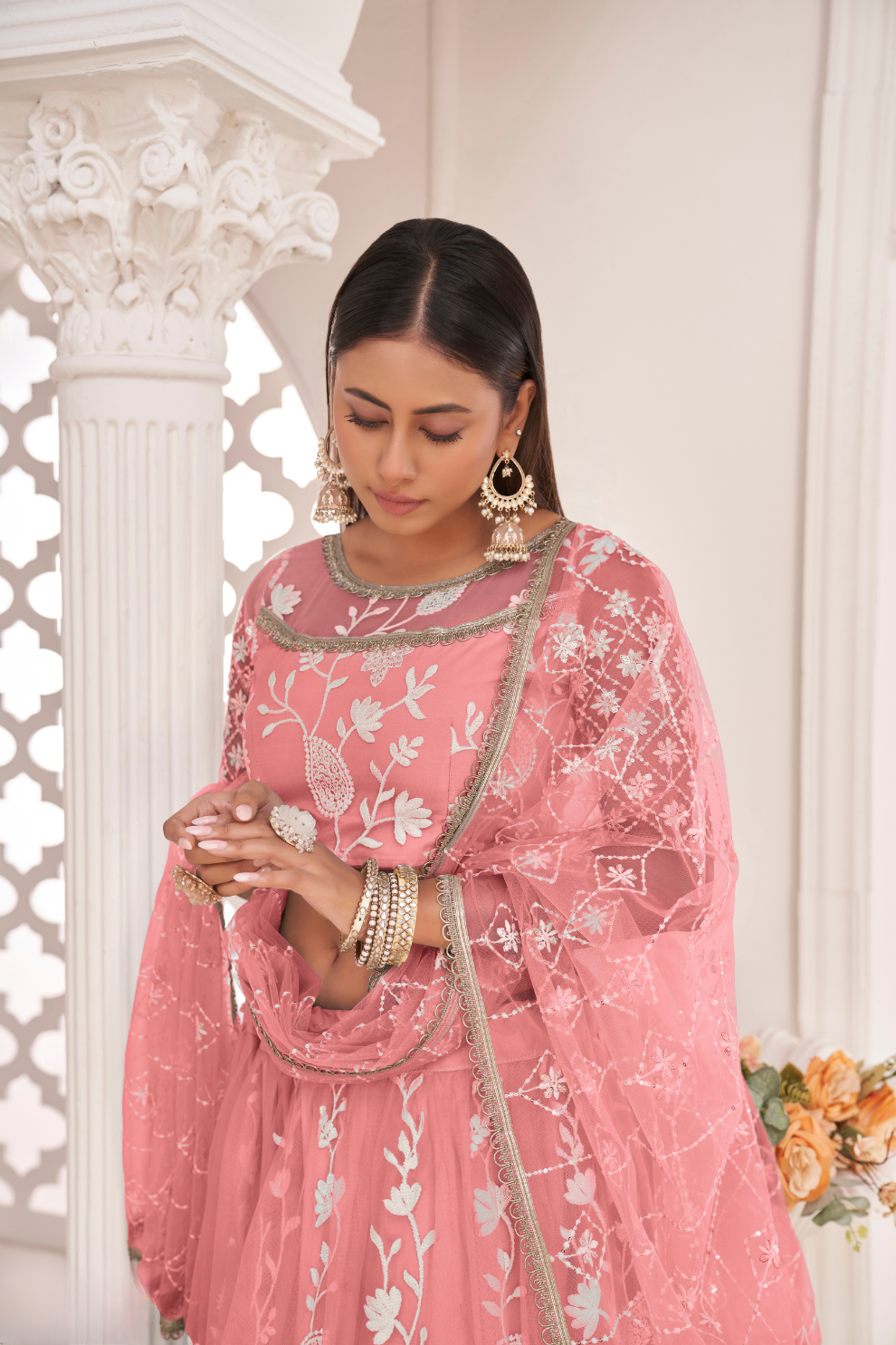 Designer Net Lehenga Set with Thread and Sequin Embroidery