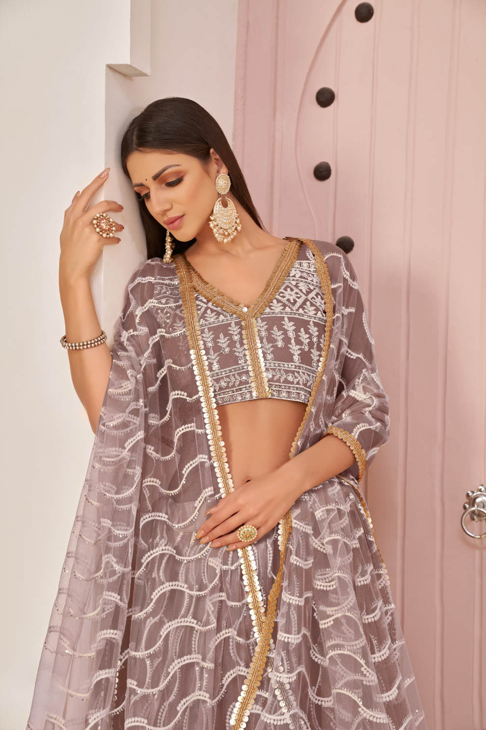 Beautifully Embroidered Net Lehenga with Sequin and Thread Detailing
