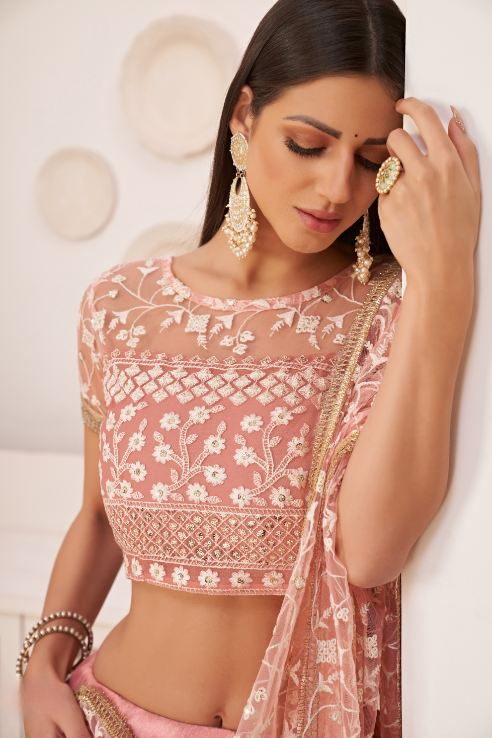 Beautifully Embroidered Net Lehenga with Sequin and Thread Detailing