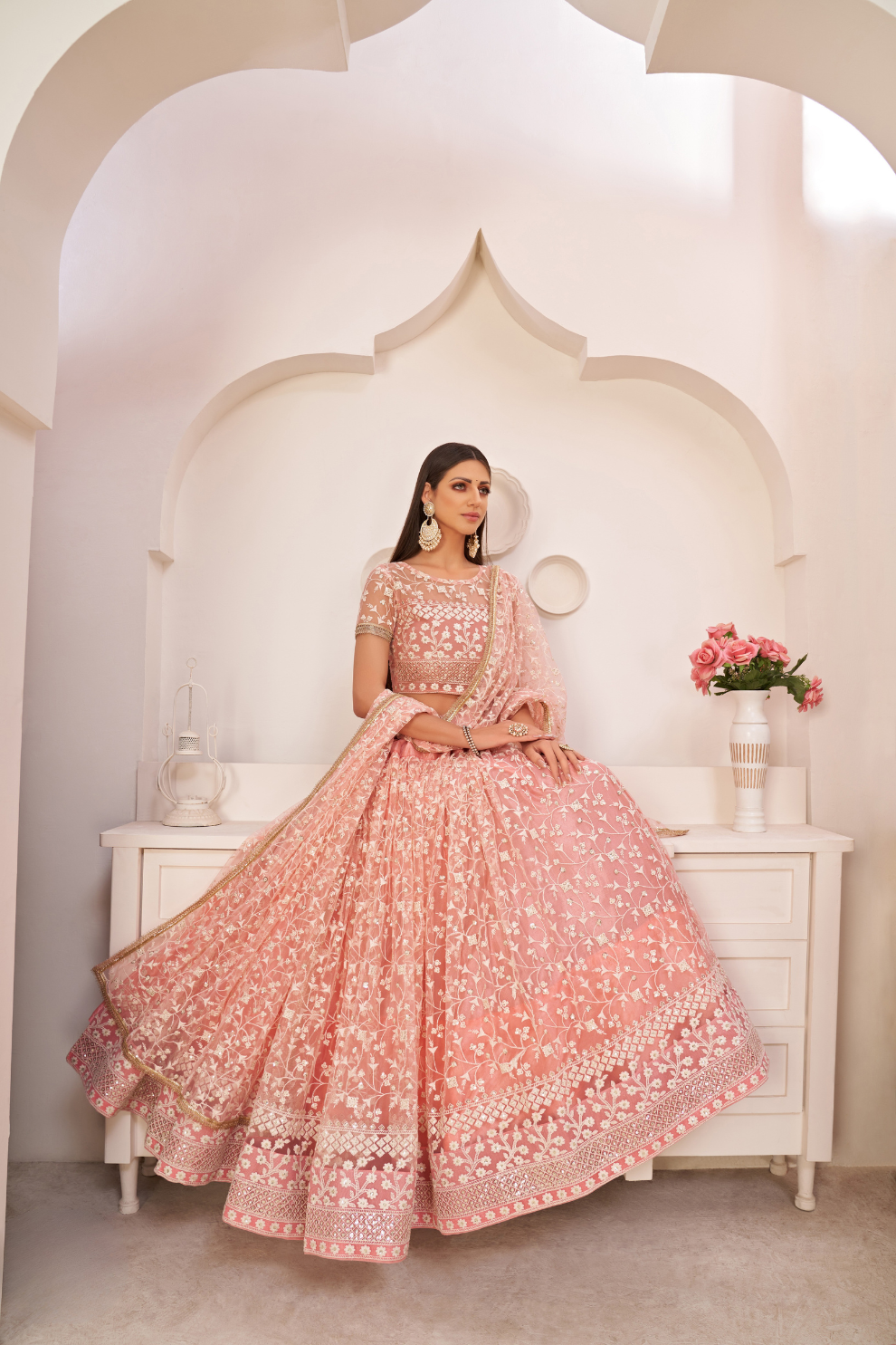 Beautifully Embroidered Net Lehenga with Sequin and Thread Detailing