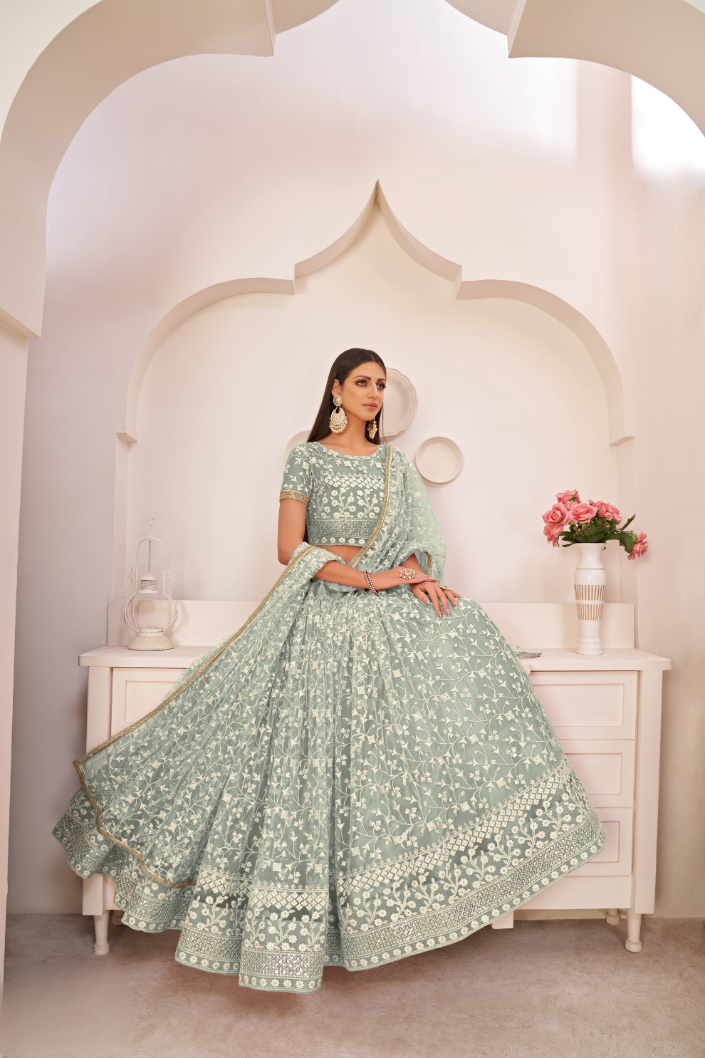 Beautifully Embroidered Net Lehenga with Sequin and Thread Detailing