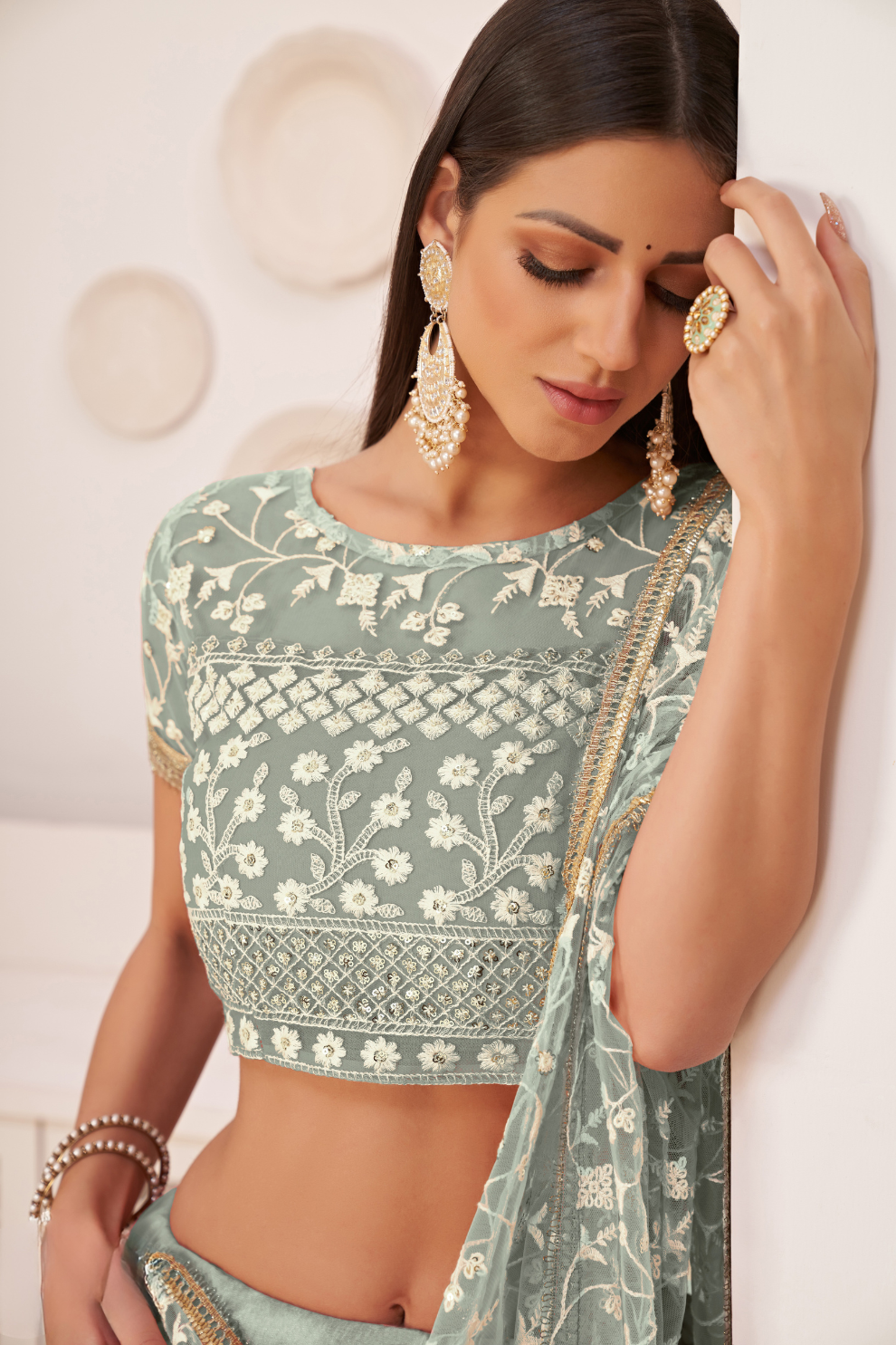 Beautifully Embroidered Net Lehenga with Sequin and Thread Detailing