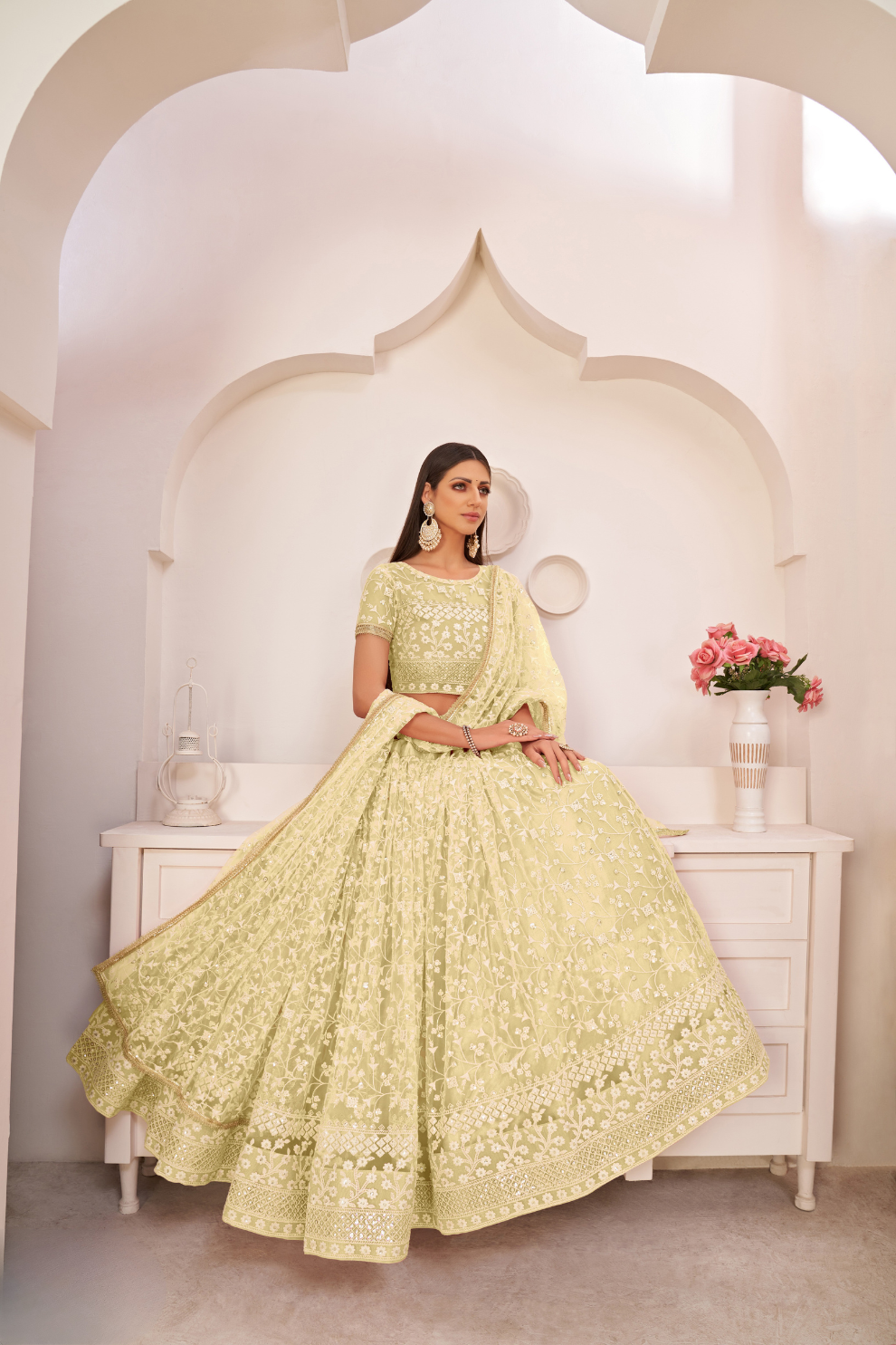 Beautifully Embroidered Net Lehenga with Sequin and Thread Detailing