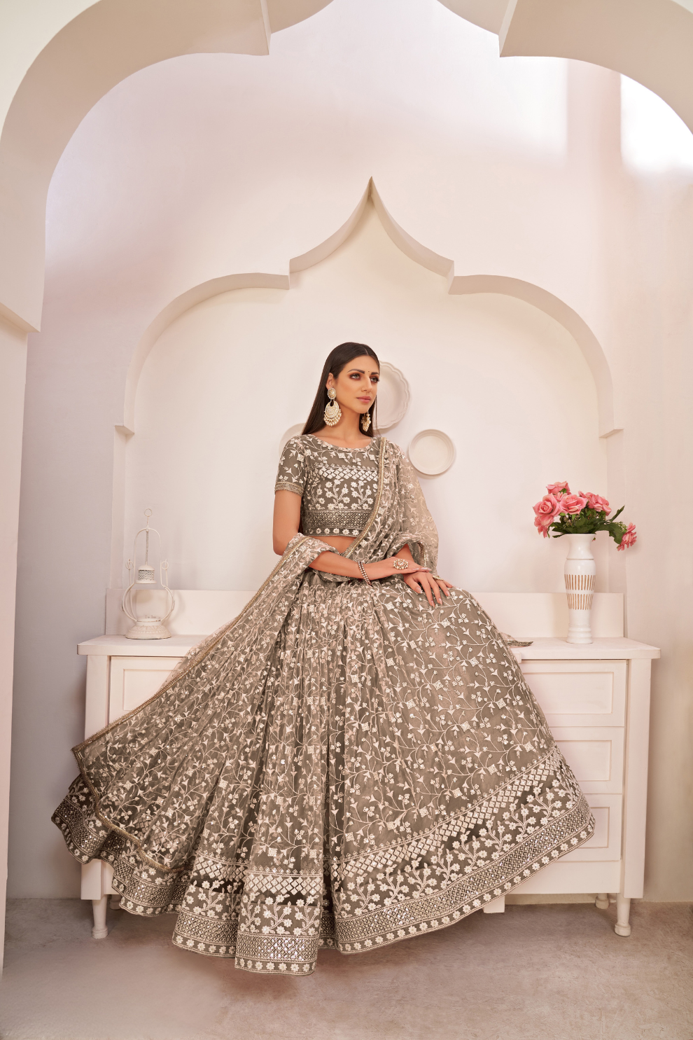 Beautifully Embroidered Net Lehenga with Sequin and Thread Detailing