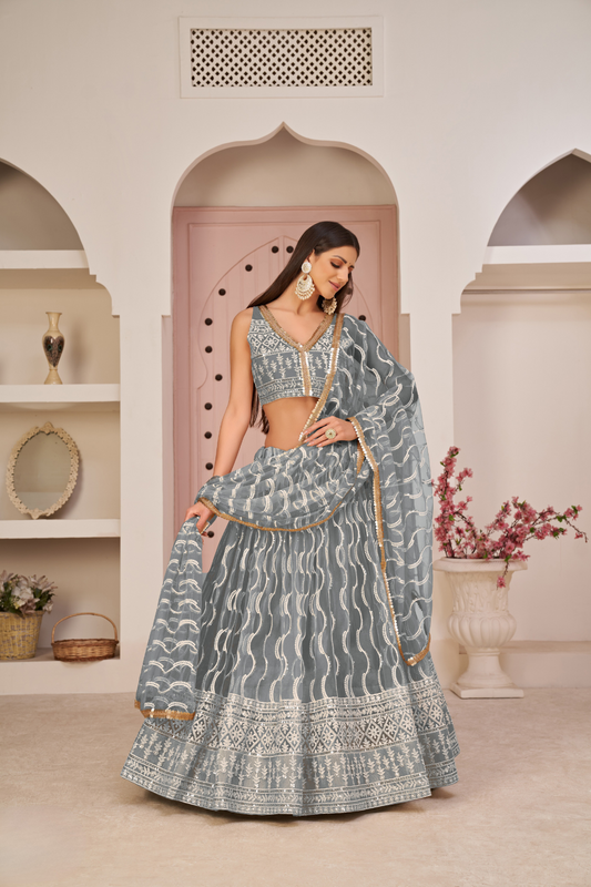 Beautifully Embroidered Net Lehenga with Sequin and Thread Detailing