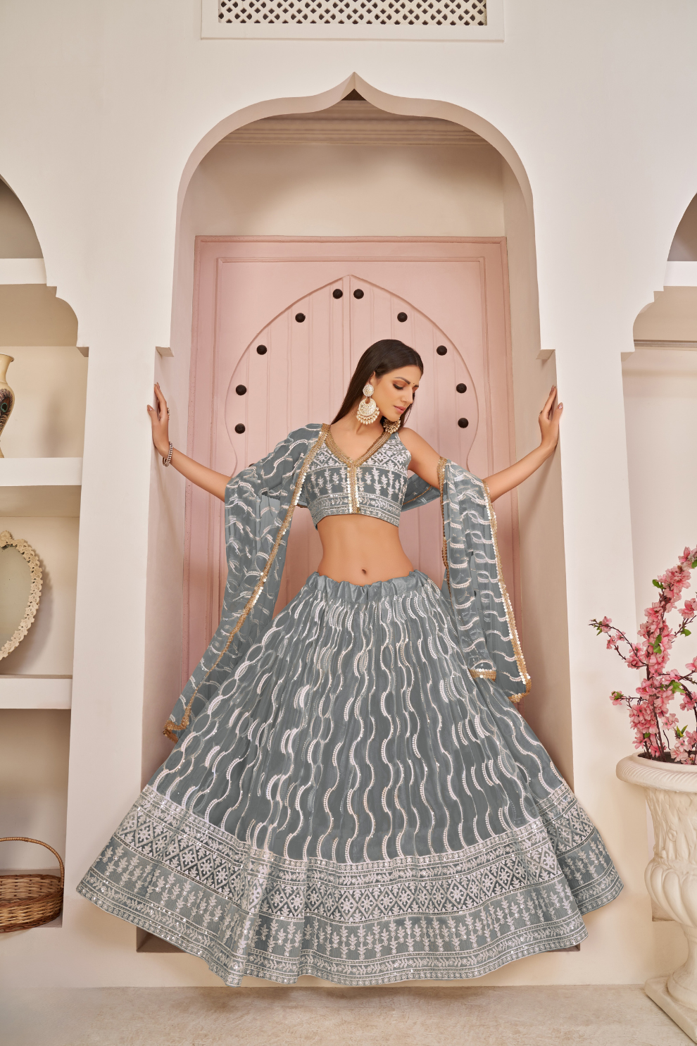 Beautifully Embroidered Net Lehenga with Sequin and Thread Detailing