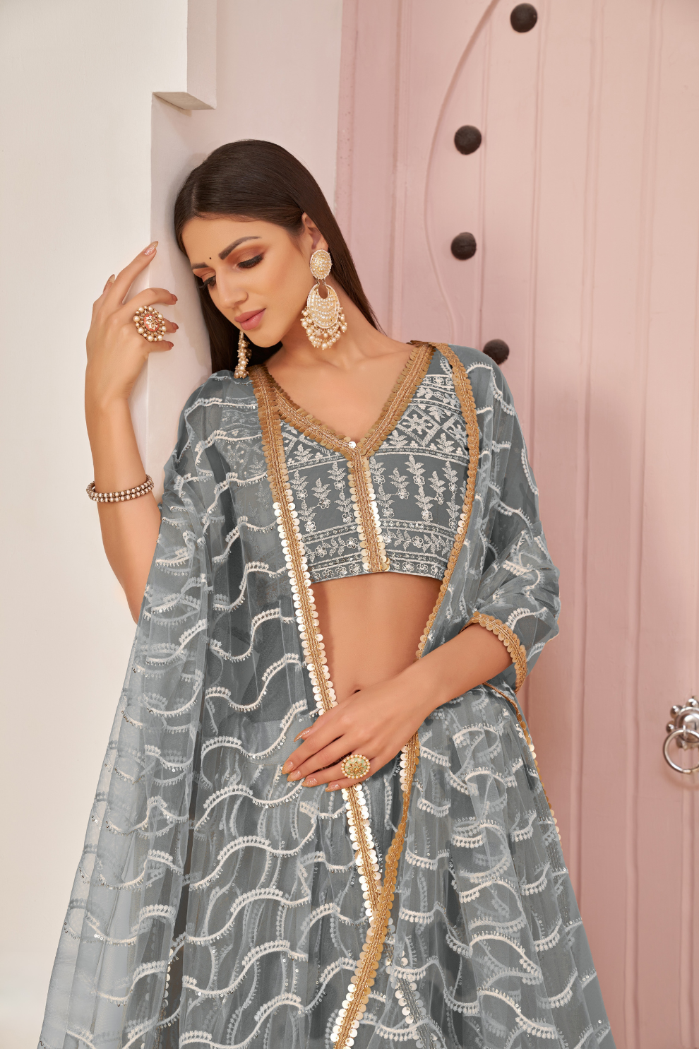 Beautifully Embroidered Net Lehenga with Sequin and Thread Detailing