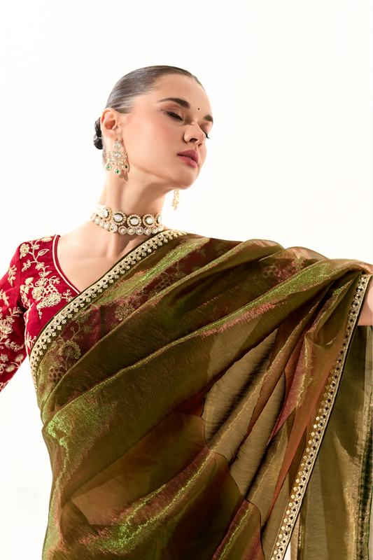 Tissue Silk Saree with Heavy Embroidered Border for Grand Occasions