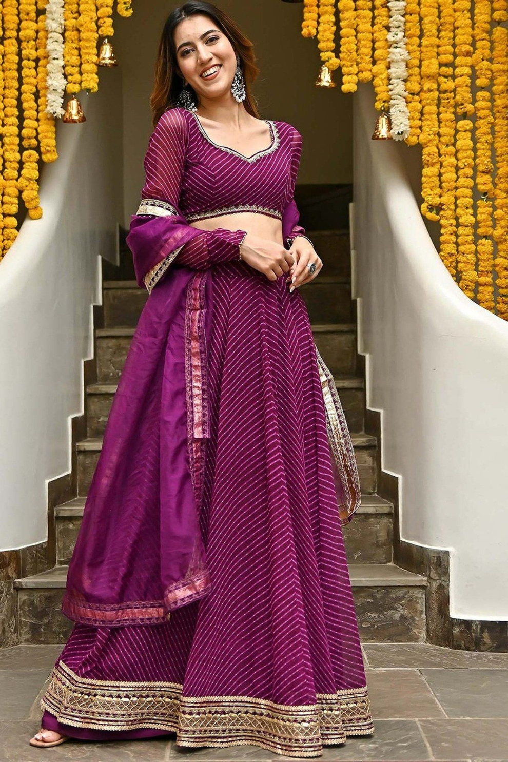 Modern Flared Lehenga Choli with Bold Stripes and Matching Dupatta