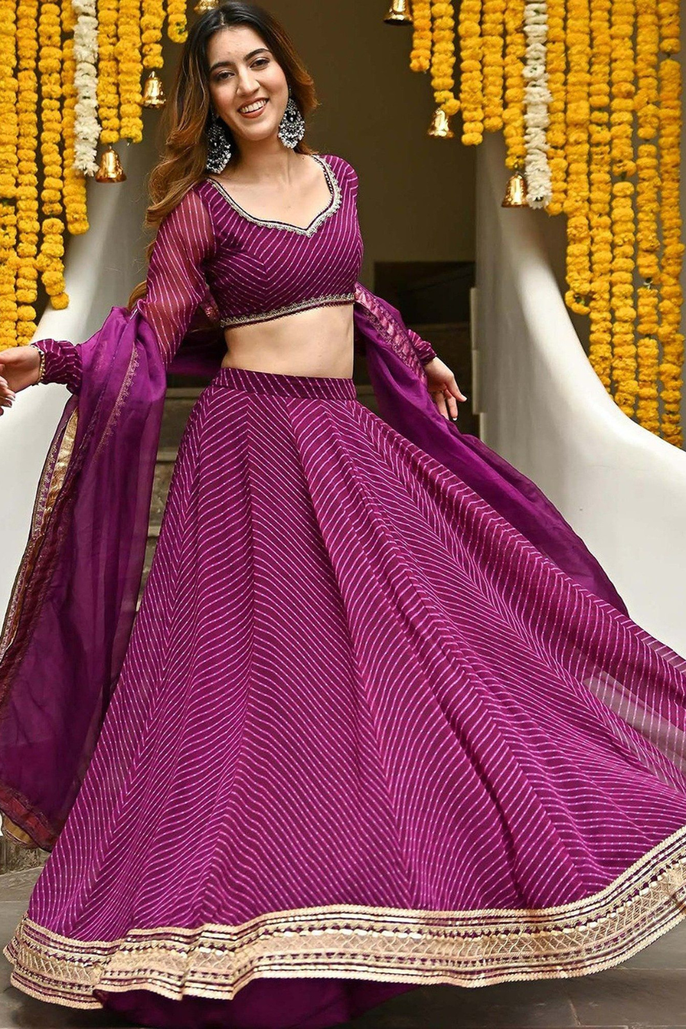 Modern Flared Lehenga Choli with Bold Stripes and Matching Dupatta