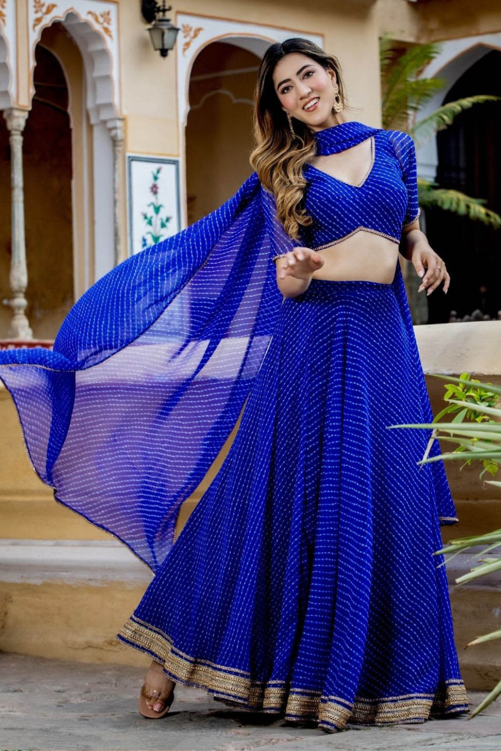 Modern Flared Lehenga Choli with Bold Stripes and Matching Dupatta
